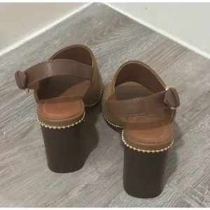 Coach Suede Block Heel Sandals Tan Brown Slingback Beaded Trim Womens Size 5.5 thumbnail 4