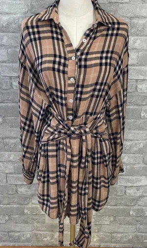 Vici Touch of Plaid Shirt Dress in Tan and Navy thumbnail 1