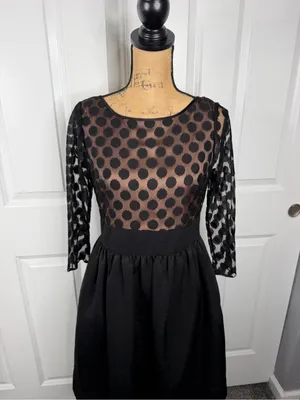 Eliza J Size 8 Black Polka Dot Mesh Fit & Flare Cocktail Dress thumbnail 3