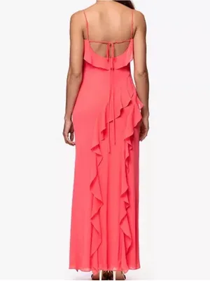 XSCAPE Ruffle Sweetheart Maxi Dress Coral Pink Petite 8 HOCO Prom Formal NWT thumbnail 2
