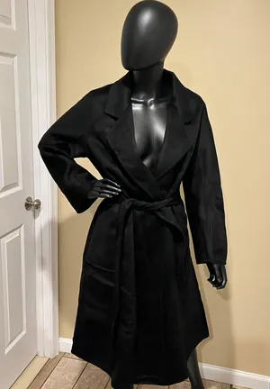 Wool Trench Coat Winter Jacket Parka Bomber Office Coat Wool Jacket Fall Long Jacket Black thumbnail 1
