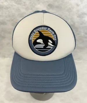 Mighty Fine Orca Whale Earth‎ Day Trucker Hat Blue White Snapback Mesh Cap thumbnail 1