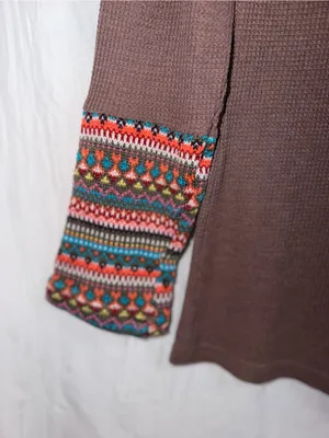 Earthbound Trading Co. Waffle Knit Long Sleeve Top Fair Isle Cuffs XL thumbnail 3