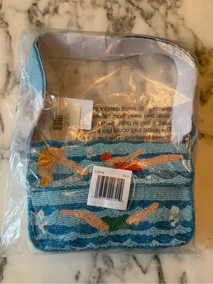 NWT Sol & Mer Beaded Swimmer Shoulder Bag Blue Coastal Baguette Purse Viral thumbnail 4
