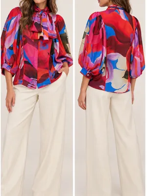 Farm Rio Watercolor Floral Blue Balloon Sleeve Tie Neck Blouse thumbnail 11