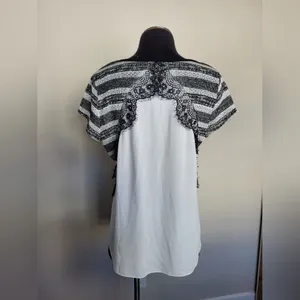 IZ Byer Black White Stripe Mixed Media Blouse Top Lace Knit Semi Sheer Size XL thumbnail 4