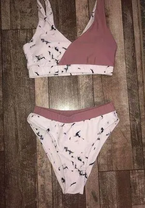 💕5️⃣ white marble and pink-ish mauve high waisted bikini thumbnail 1