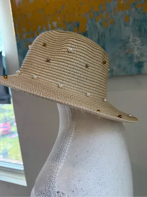 American Exchange Pearl & Gold-Studded Beige Straw Sun Hat thumbnail 6