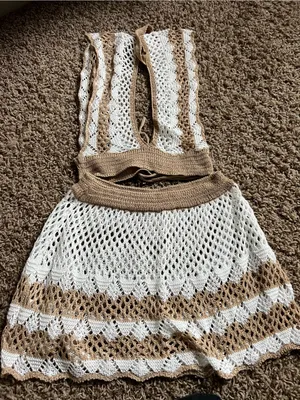 SHEIN White and Tan Crochet Swim Coverup Set thumbnail 3