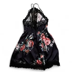 Floral Lace Satin Chemise Nightdress – Black Rose Print – Size S thumbnail 2