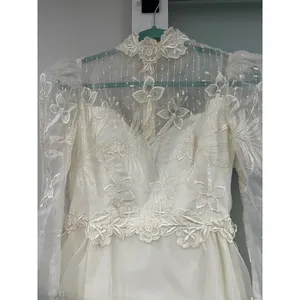 Vintage 80s‎ Victorian Revival Wedding Dress Ivory High Neck Sheer Lace Illusion thumbnail 2