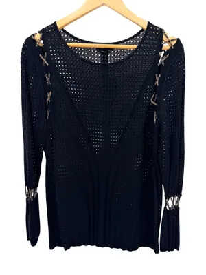 Bebe Lace Up Shoulder Sweater Top XL Black Open Knit Metallic Cage Sleeve NWT thumbnail 1