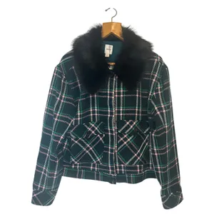 Maeve Anthropologie Plaid Faux Fur Collar Cropped‎ Jacket Green L NWT thumbnail 3