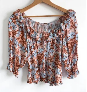 Free People Floral Ruffle Smocked Back Blouse Blue Brown‎ Small thumbnail 1