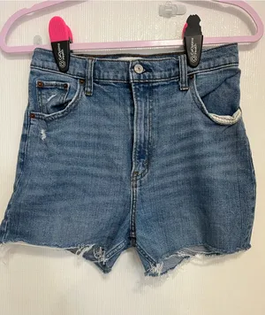 Abercrombie & Fitch Light Blue High-Rise Frayed Hem Jean Shorts thumbnail 1