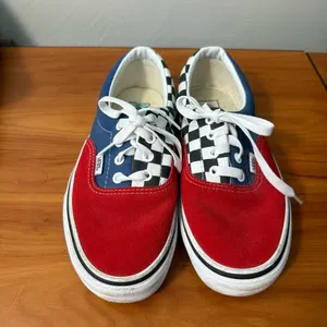 Vans Authentic Low Top Color Block Red Blue Checkerboard Suede Lace Up Sneaker‎ thumbnail 2