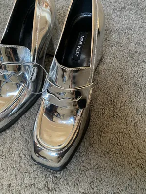 Nine West Size 6 Metallic Silver Block Heel Loafers - Women's Stylish Penny Loaf thumbnail 3