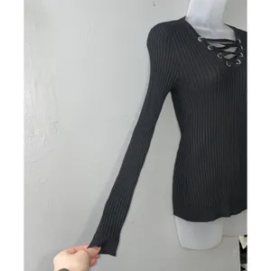 MAZE Lace Up Sweater Size Medium Black Ribbed Knit Office Siren Dark Romantic thumbnail 2