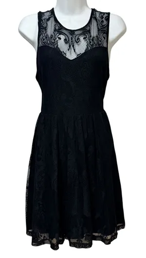 Express Black Floral Lace Sleeveless Fit and Flare Dress Sheer Yoke Large LBD thumbnail 1