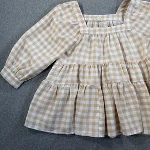 Entro Women's Small Beige White Gingham Square Neck Tiered Babydoll Top Blouse thumbnail 2