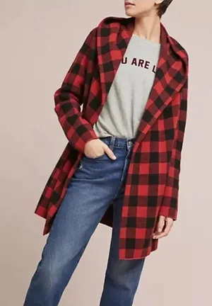 Anthro Field of Flowers red M buffalo plaid cardigan coat thumbnail 1