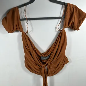 Anthropologie Sunday in Brooklyn Ruched Crop Top‎ L Brown Tie Front NWT $78 thumbnail 3