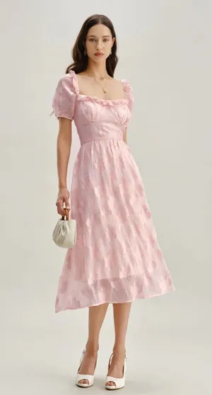 Rihoas Pink Square Neck Puffed Sleeve Midi Dress thumbnail 1