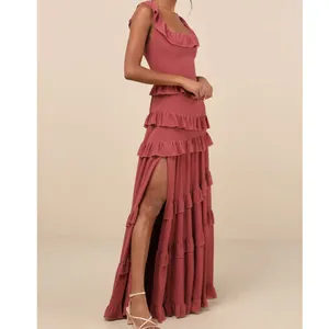 NEW Compelling Romantic Rusty Rose Ruffled Tiered Garden Party Maxi Dress Large thumbnail 3