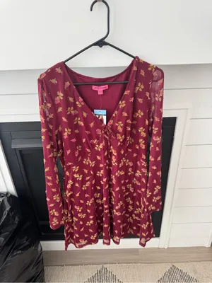 Betsey Johnson Women’s Babydoll Mini Dress L Burgundy Floral Long Sleeve NWT thumbnail 4