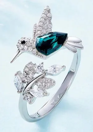 Elegant Silver Tone Hummingbird Rhinestone Ring with Green Gemstone thumbnail 1