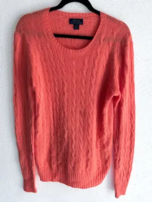 Polo Ralph Lauren 100% Cashmere Cable Knit Sweater Coral Pink XL Quiet Luxury thumbnail 1