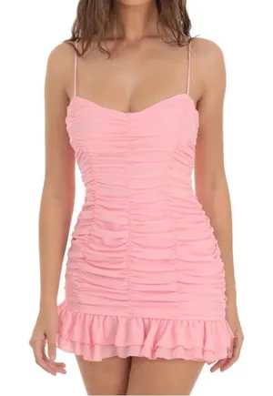Lucy in the Sky‎ Remi Ruched Bodycon Coquette Dress Pink Ruffle sz S Romantic thumbnail 1