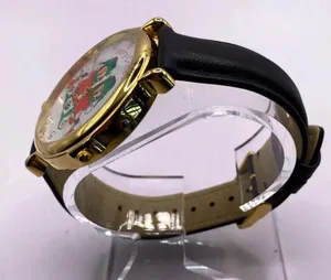 Vintage Christmas Watch Gold Tone Genuine Leather Band Holiday Elves New Battery thumbnail 2