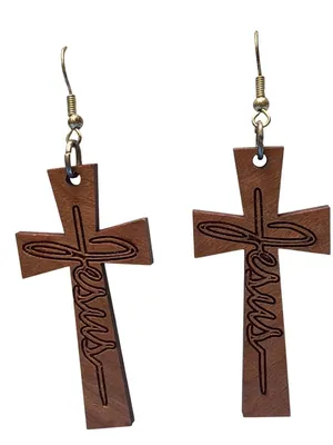 Wood Gold Tone Dangle Cross Earrings Brown Jesus Carved Hooks 2.75" Christian thumbnail 1