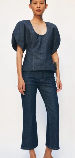 Zara ZW COLLECTION DENIM PUFF SLEEVE BLOUSE thumbnail 1