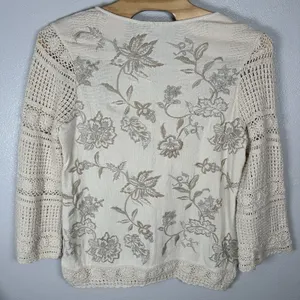 Soft Surroundings XL Ivory Beige Floral Embroidered Crochet Knit Sleeves Coastal thumbnail 5