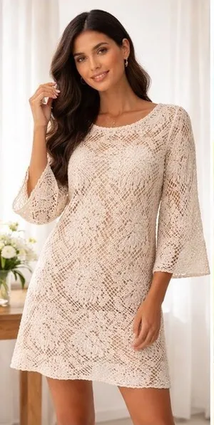 NEW Skies Are Blue NWT Cream Crochet Lined Lace Bell Sleeve Boho Dress ~ Medium thumbnail 1