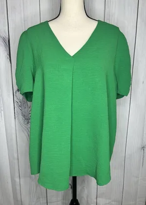 Jodifl Womens Sz Large Bright Green Short Ruched Sleeve V-Neck Blouse thumbnail 1