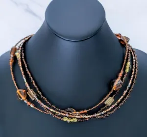 Vintage Necklace Multi Strand Glass? Amber Tone Brown Green Statement thumbnail 1