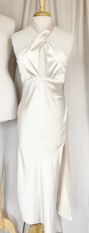 Elegant Cream Satin Halter Midi Dress thumbnail 1