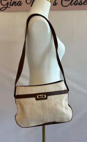 Etienne Aigner Beige Woven Shoulder Bag with Brown Leather Trim and Gold-tone Cl thumbnail 1