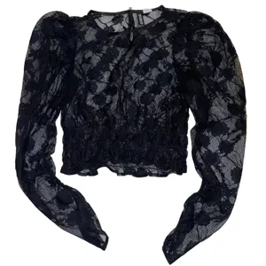 H&M Black Lace Puff Sleeve Top Sheer Romantic Coquette Going Out Blouse thumbnail 3