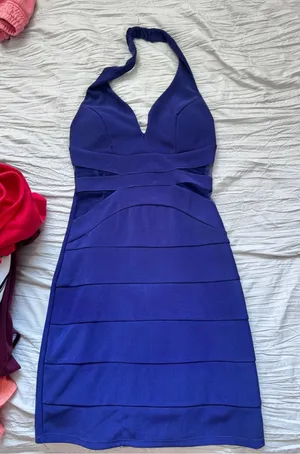 Crystal Doll Royal Blue Halter Bodycon Mini Dress thumbnail 1