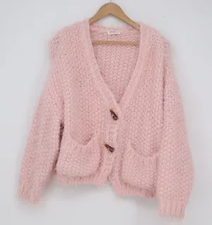 Storia Blush Pink Fuzzy Chunky Knit Toggle Cardigan Sweater thumbnail 1