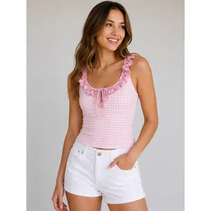 Blogilates Pink Gingham Ruffle Lace Up Tank Top Floral Trim Small NWT Balletcore thumbnail 2