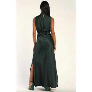 Lulus Classic Elegance Green Satin Sleeveless Mock Neck Maxi Dress Medium NWT thumbnail 2