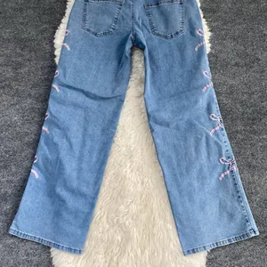 Gogo Jeans Denim Blue Wide Leg Jeans Mid Rise Pink Bow Embroidered Coquette Boho thumbnail 7