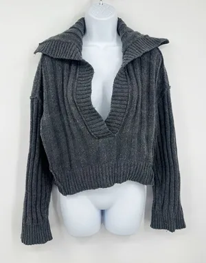 Free People We The Free Gray Rudi Funnel Neck Knit Sweater V Neck Boho Oversized thumbnail 1