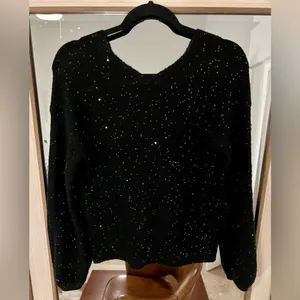 Loft Sequin Double V Sweater Size XS Black Sparkles Holiday Sweater New Years thumbnail 3