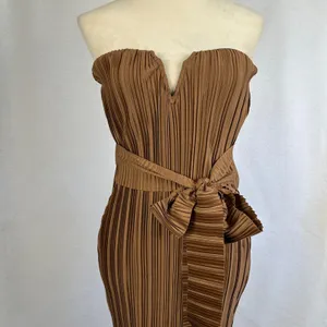 New PrettyLittleThing Chocolate Brown Plisse V Bar Tie‎ Waist Midi Dress Size 4 thumbnail 5